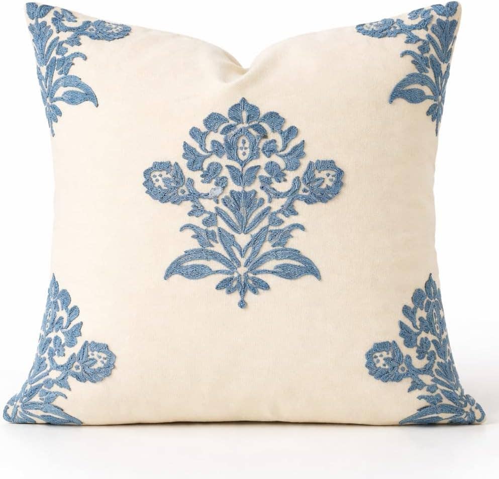 Blue Embroidered Floral Damask 18" Throw Pillow
