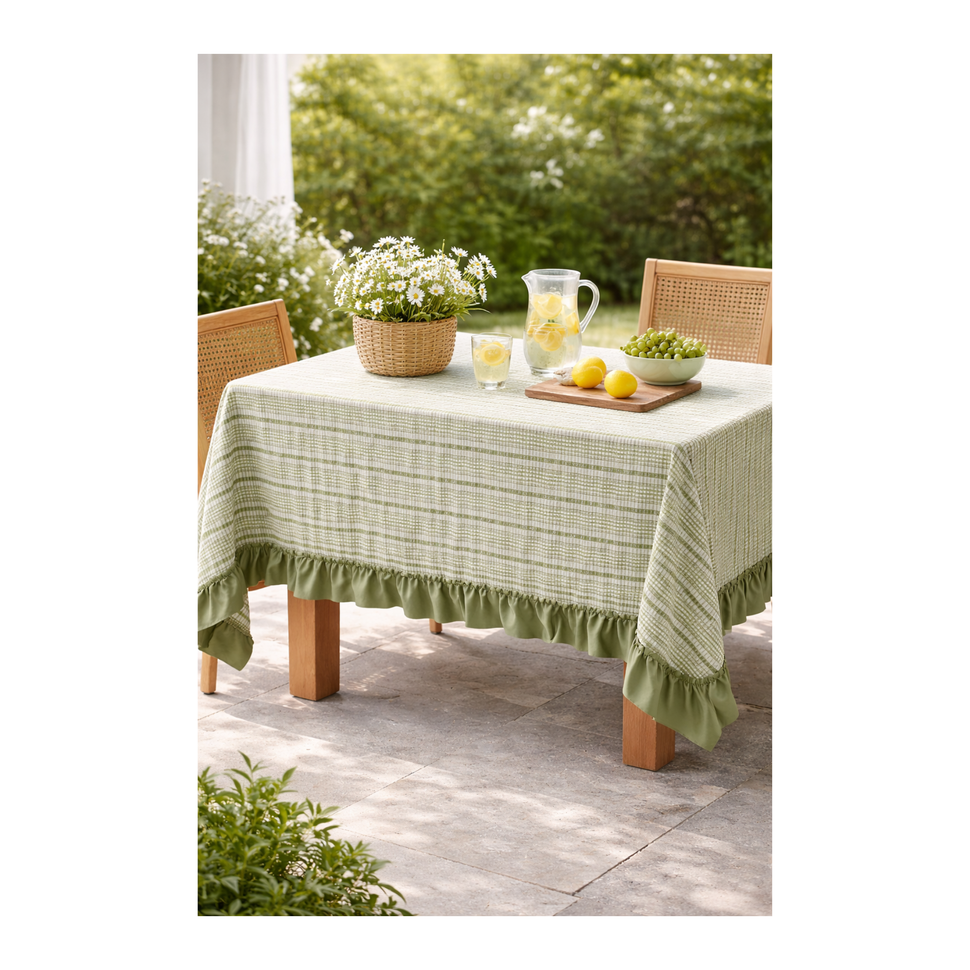 Green Checkered Tablecloth with Ruffled Hem