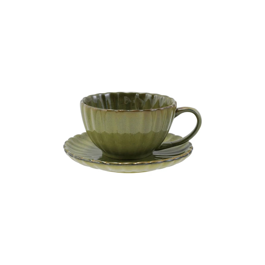 Sage Green Fluted Mug w/ Saucer
