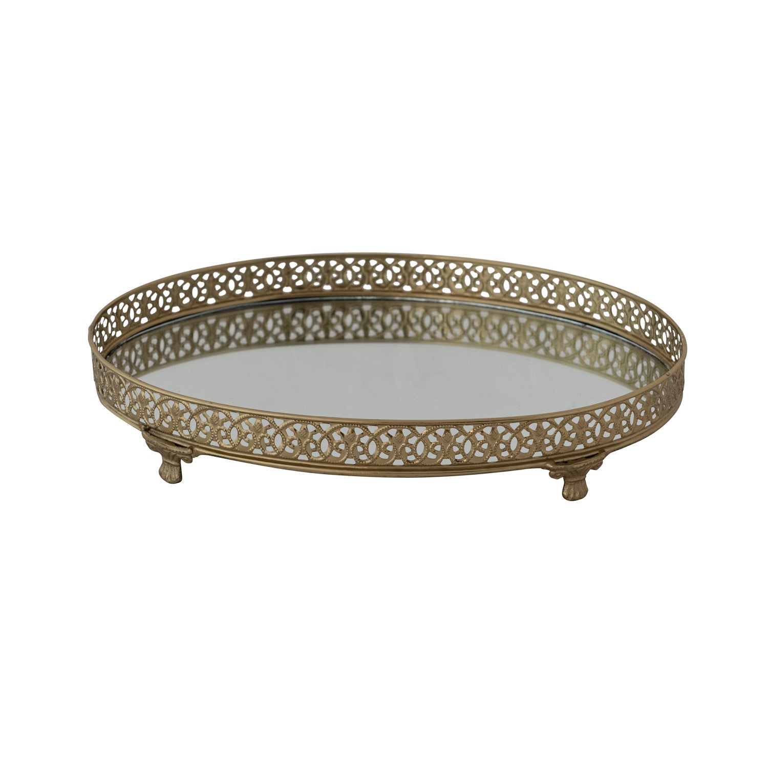 Oval Gold Metal Filigree Footed Tray w/ Mirror