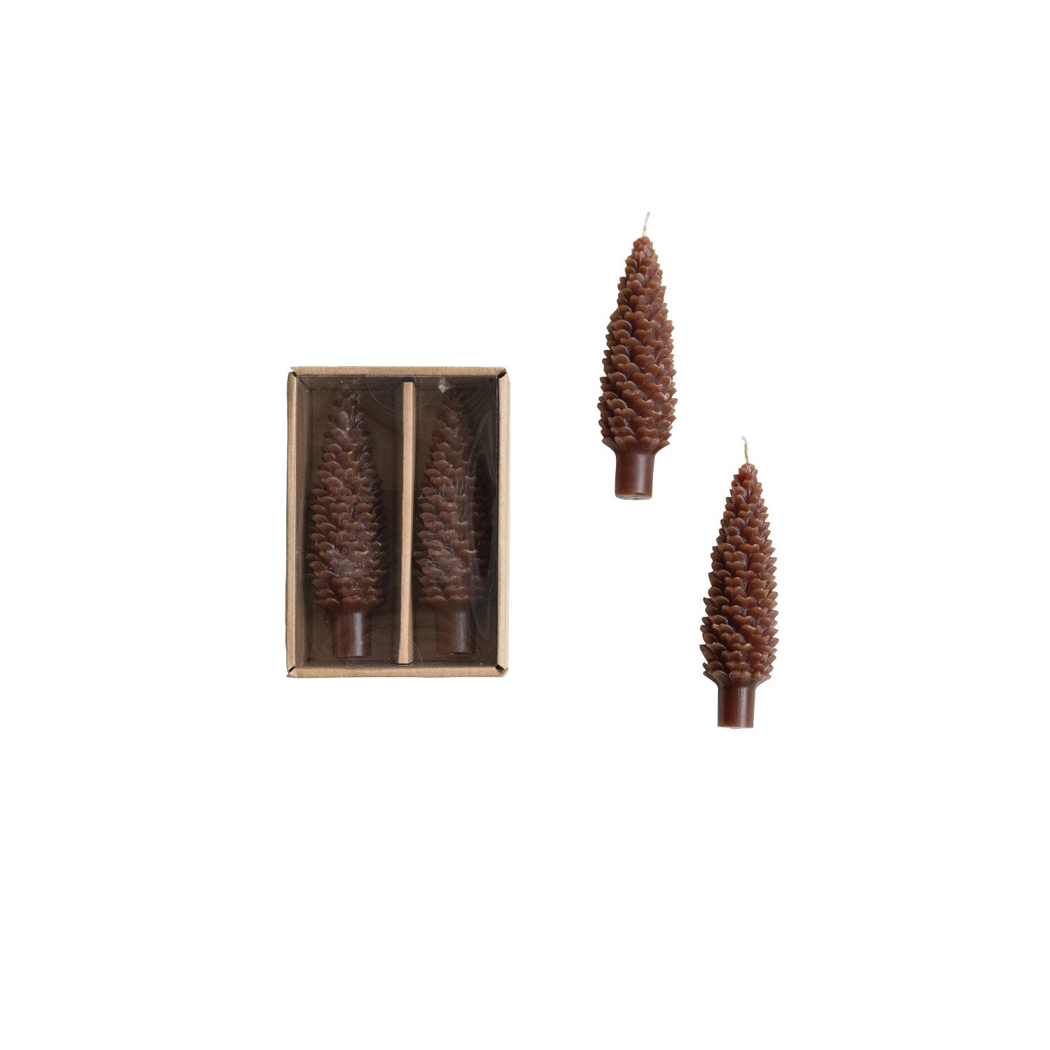 Brown Unscented Pinecone Shaped Taper Candles in Box - Set of 2
