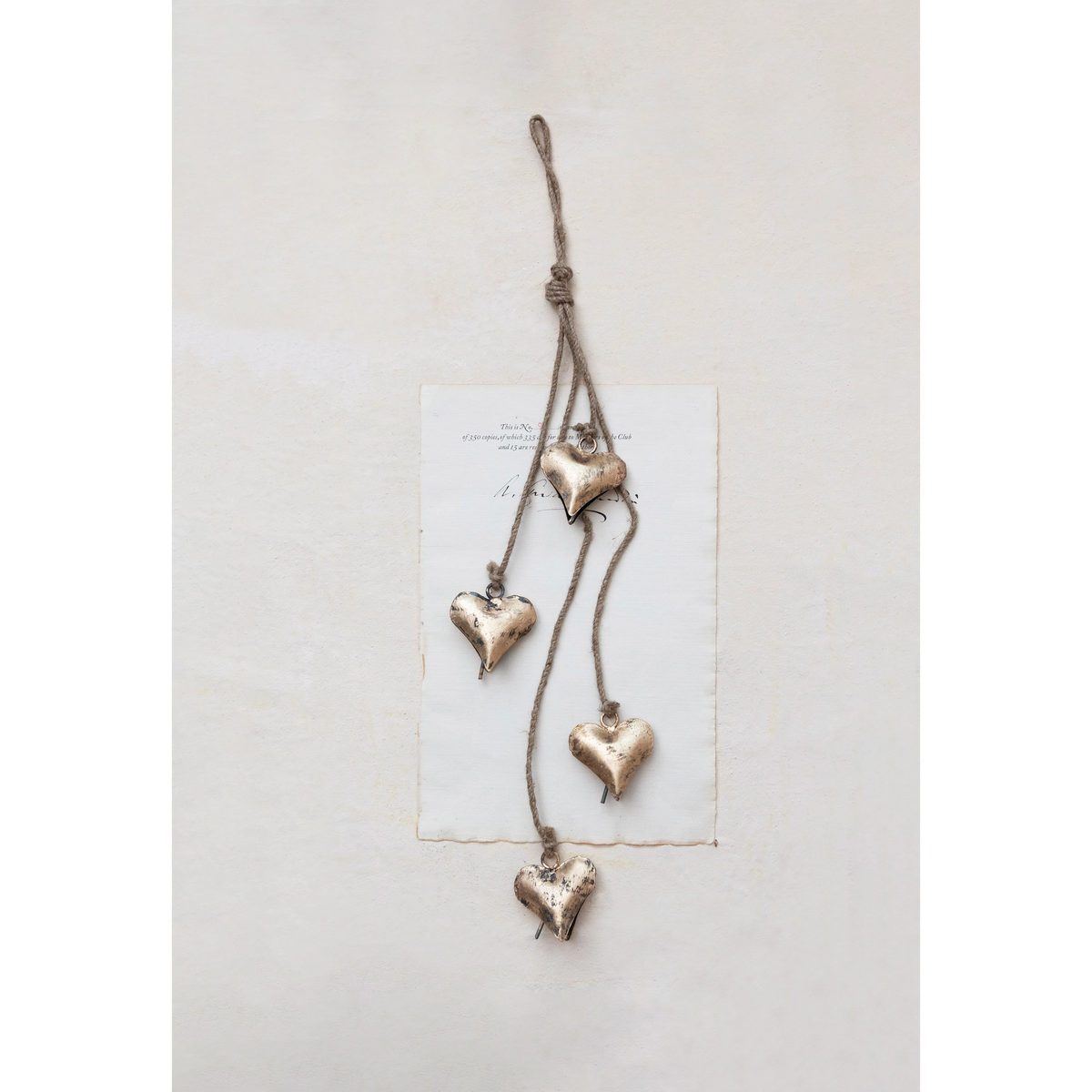 Antique Brass Metal Hearts on Jute Rope