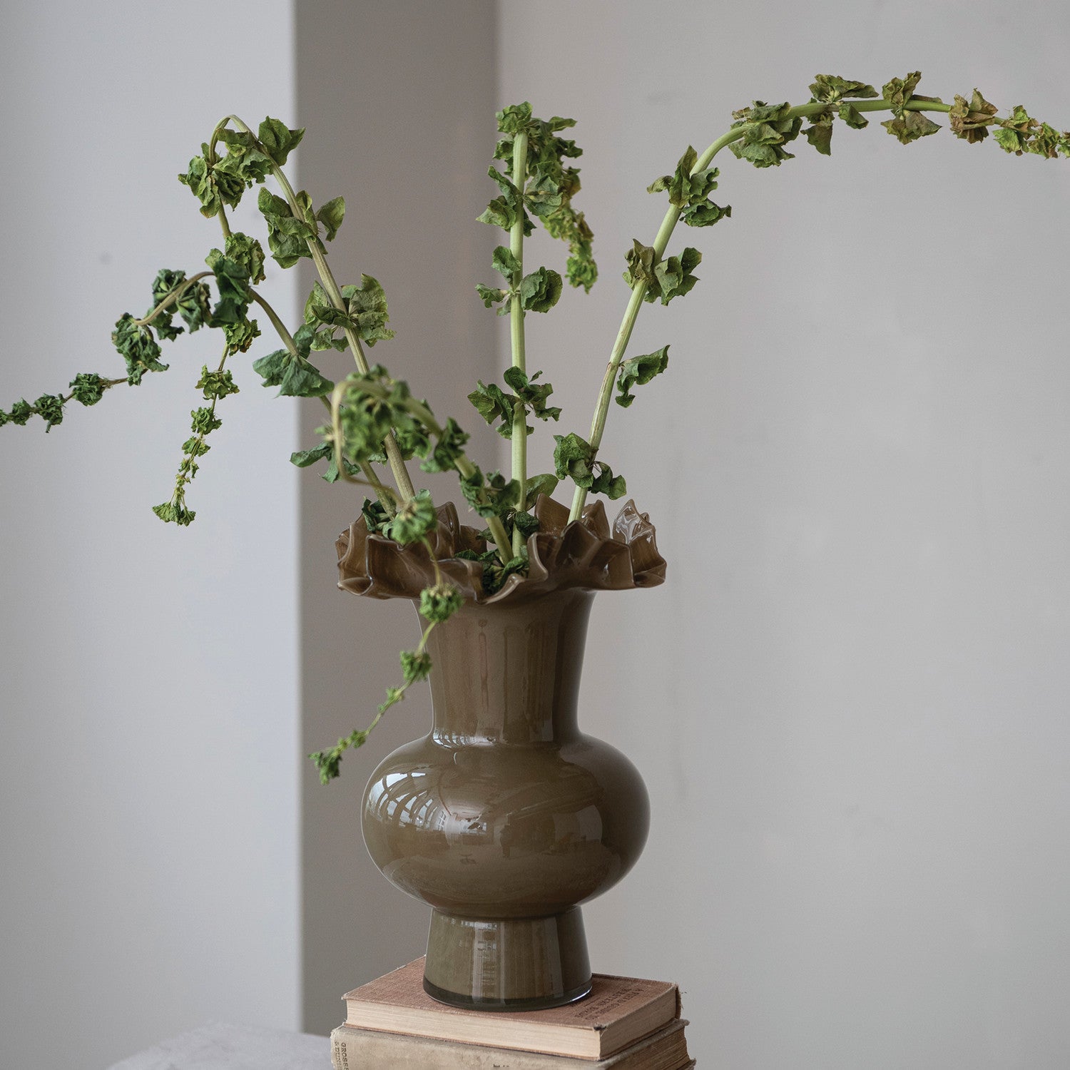 Olive Opaque Ruffled Vase