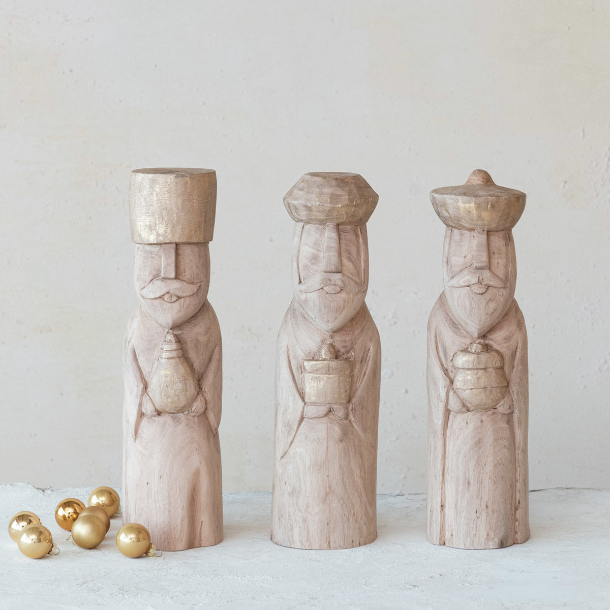 Natural Shimmer Hand-Carved Mango Wood Wise Men