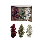 Faux Pinecones with Glitter, White, Green & Burgundy, Boxed Set of 3